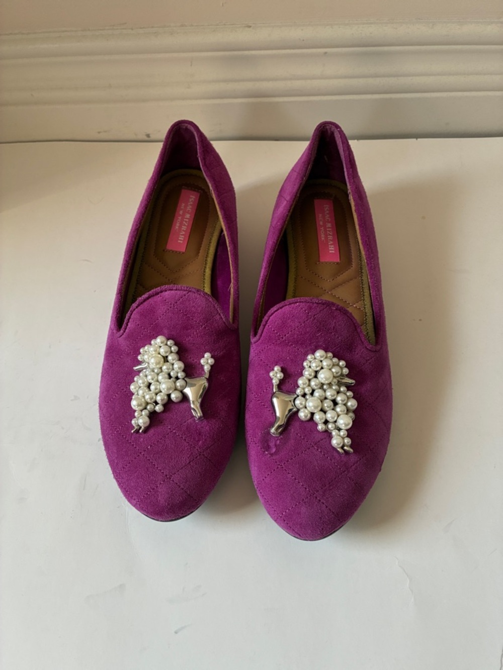 Isaac Mizrahi Magenta Suede Pearl-Embellished Loafers